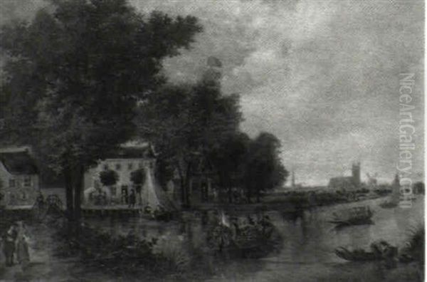 Landscape With Houses And Traffic On A Canal, The City Of   Dordrecht In The Distance Oil Painting by Thomas Heeremans