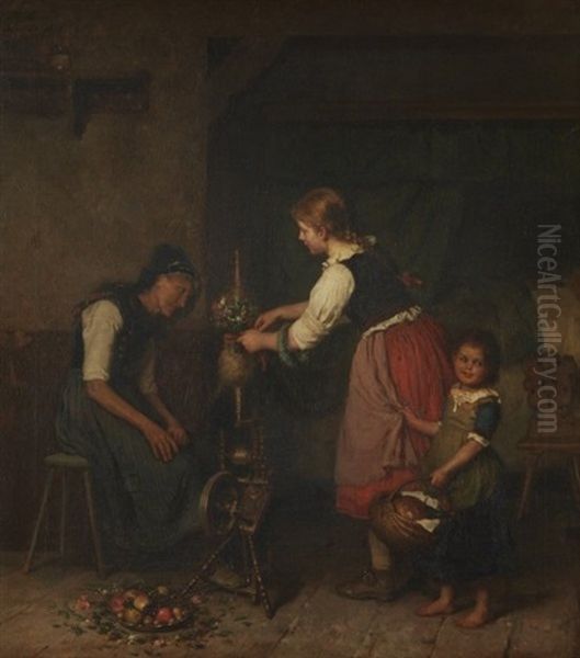 Bauernstube Mit Blinder Grossmutter Bei Der Spinnarbeit, Die Besuch Von Zwei Enkelinnen Bekommt Oil Painting by Minna (Henriette Wilhelmine) Heeren