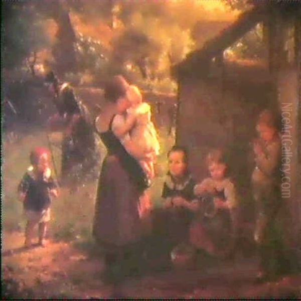 Kinder Vor Einer Gartenhutte, Dahinter Einr Alte Frau Mit   Giesskanne Zwischen Grabkreuzen Oil Painting by Minna (Henriette Wilhelmine) Heeren