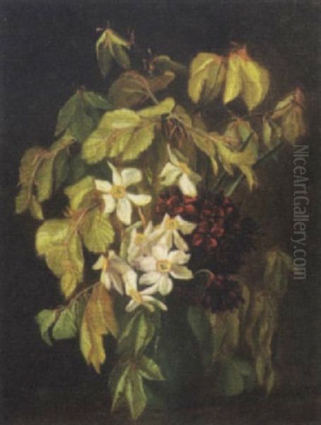 Opstilling Med Rode Og Hvide Blomster Samt Bogergren Oil Painting by Anna Cathrine Heerfordt