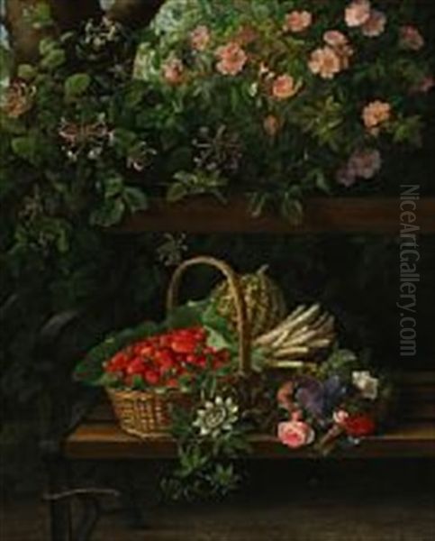 A Garland And A Basket With Strawberries, Asparagus And A Melon On A Bench Oil Painting by Ida Marie Margrethe Heerfordt