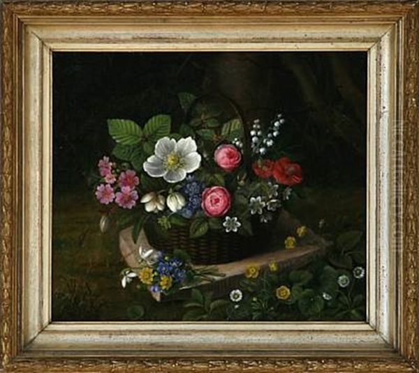 Flowers In A Basket Oil Painting by Ida Marie Margrethe Heerfordt