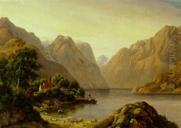 Fjordparti Med Lille Kirke Mellem Hoje Fjelde Oil Painting by Ida Marie Margrethe Heerfordt