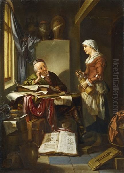 The Scholar And His Maid In An Interior Oil Painting by Hendrik Heerschop