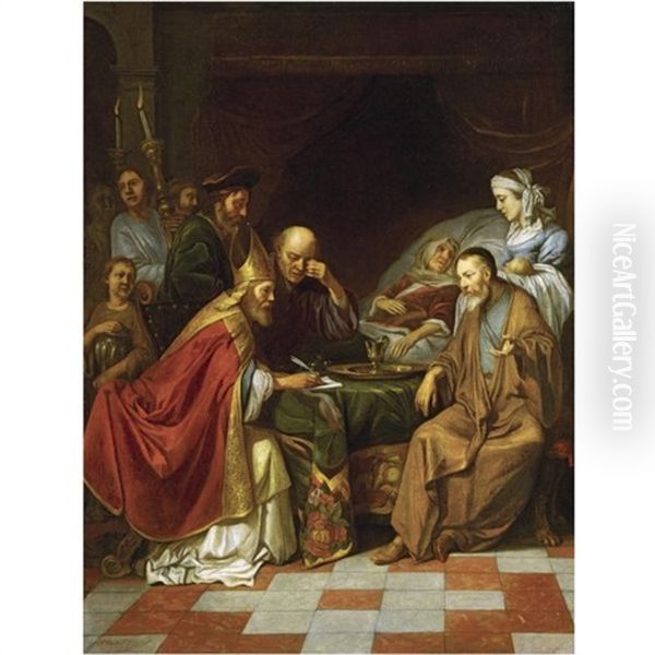 Zacharias Writing The Name Of Saint John The Baptist Oil Painting by Hendrik Heerschop