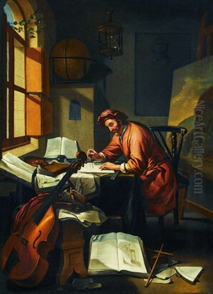 Gelehrter In Seiner Studierstube Umgeben Von Buchern, Globus, Cello Und Gemalde Oil Painting by Hendrik Heerschop