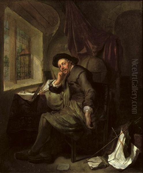 A Scholar Seated At His Writing Desk In An Interior, Books And Documents In The Foreground Oil Painting by Hendrik Heerschop