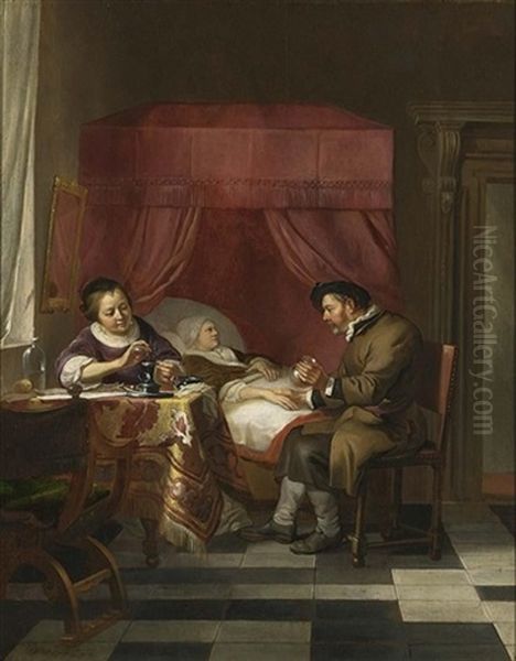 A Doctor's Visit With A Lady Pouring Medicine At The Table Oil Painting by Hendrik Heerschop