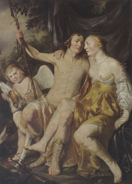 Venus, Adonis And Cupid, Together With Hounds Oil Painting by Hendrik Heerschop