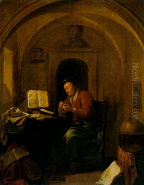 A Scholar In His Study, Sharpening His Quill Oil Painting by Hendrik Heerschop