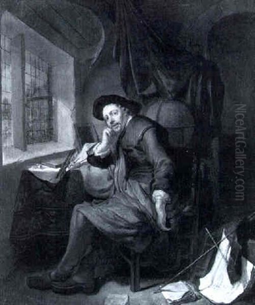 A Scholar Seated At His Writing Desk In An Interior Oil Painting by Hendrik Heerschop