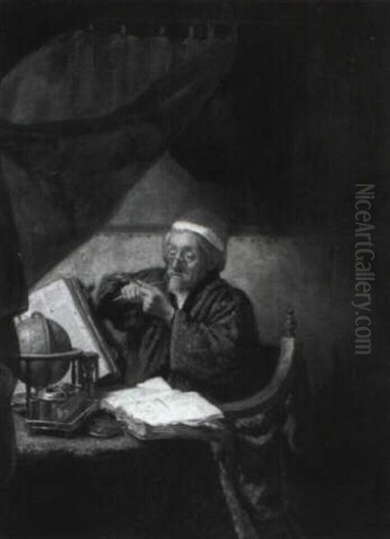 Scholar Seated At A Curtained Desk by Hendrik Heerschop