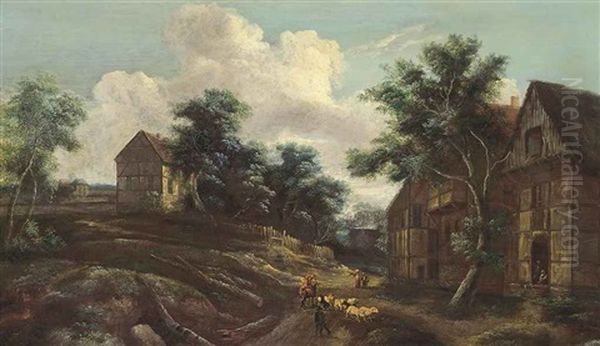 A Shepherd With His Flock And Other Figures On A Path By A Village Oil Painting by Gerrit van Hees