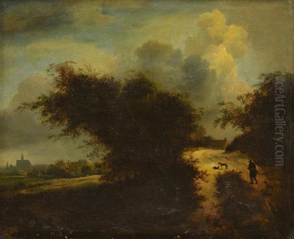 Paysage Avec Homme Au Fagot Et Chiens Sur Un Chemin Et Village En Arriere-plan Oil Painting by Gerrit van Hees