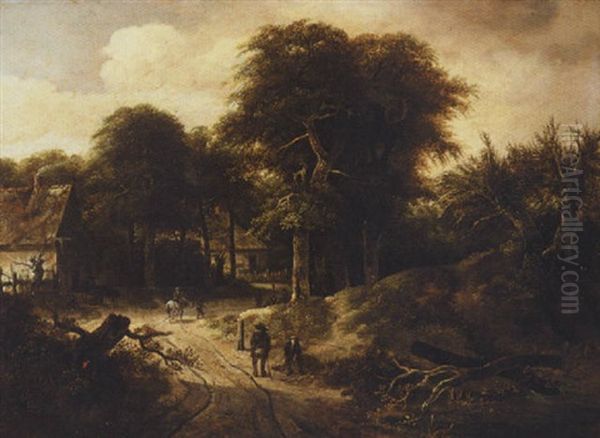 A Landscape With Figures On A Road Near A Woodland Village Oil Painting by Gerrit van Hees