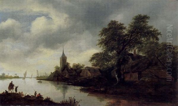 Fluslandschaft Mit Einem Reiter, Anglern Und Im Hintergrund Einem Dorf Oil Painting by Gerrit van Hees