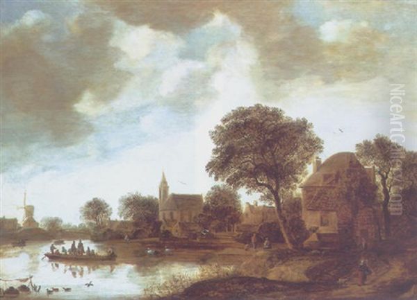 A River Landscape With Peasants In A Ferry Boat, Other Figures On A River Bank, A Bridge And A Windmill Beyond Oil Painting by Gerrit van Hees