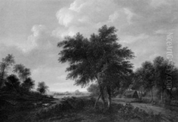 A Heath Landscape With Figures Near Houses, And A Man And Dog On A Track by Gerrit van Hees