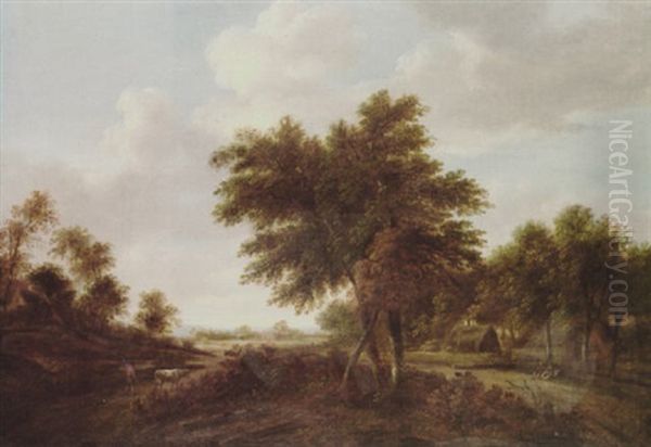 A Heath Landscape With Figures Near Houses, And A Man And Dog On A Track Oil Painting by Gerrit van Hees