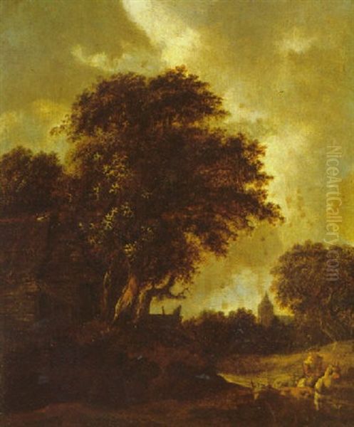 A Wooded Landscape With A Herdsman On Horseback Droving His Cattle Along A Path, A Cottage And Church Behind Oil Painting by Gerrit van Hees