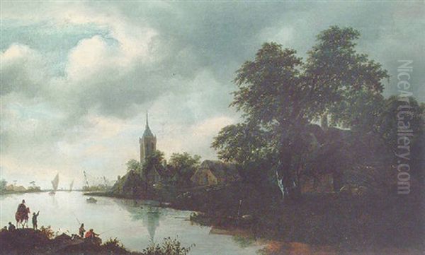 A River Landscape With Fishermen In A Boat, A Man On A Horse Conversing With A Man On The River Bank And A Village Beyond Oil Painting by Gerrit van Hees