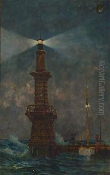 Leuchtturm Bei Nacht, Mit Wappen In Der Oberen Rechten Ecke Oil Painting by Gustav Adolf Van Hees