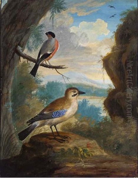 A Jay And A Bullfinch On A Branch In A Landscape Oil Painting by J. F. Hefele