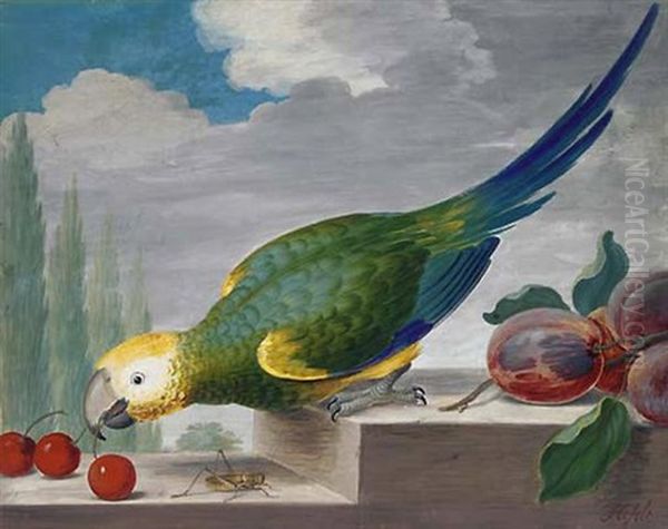 A Green Parrot On A Ledge Pecking At Cherries, With A Grasshopper Below Oil Painting by J. F. Hefele