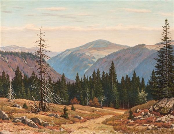 View On An Autumn Coloured Mountain Landscape At The Black Forest by Julius Heffner