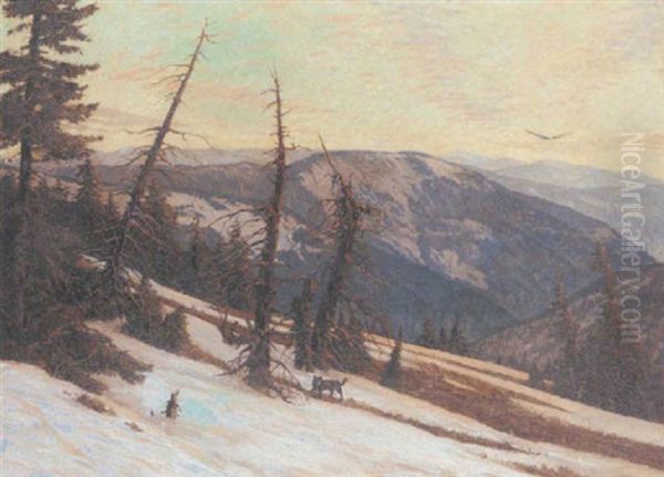 A Wolf In An Extensive Alpine Winter Landscape by Julius Heffner