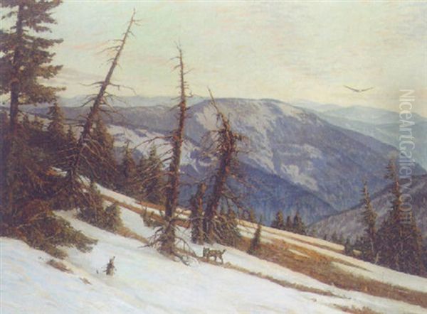 A Wolf In A Winter Landscape by Julius Heffner