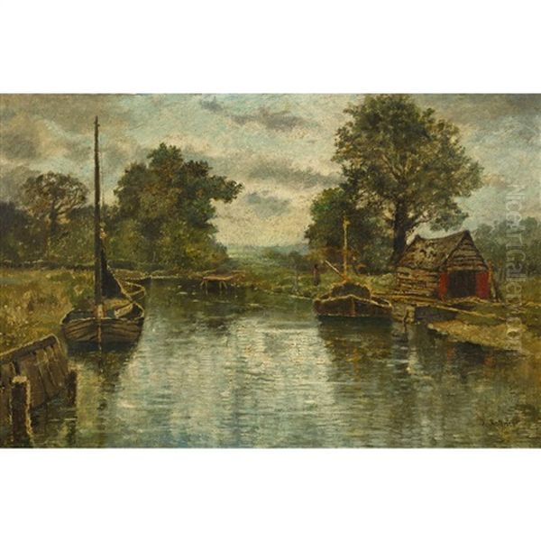 Flusslandschaft Mit Booten Am Ufer Oil Painting by Karl Heffner