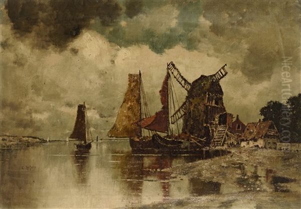 Segelboote Bei Einer Windmuhle Oil Painting by Karl Heffner