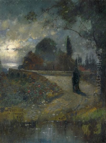 Italienischer Park Am Meer Bei Vollmond Oil Painting by Karl Heffner