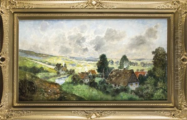 Groses, Stimmungsvolles Landschaftsstuck Mit Einer Siedlung In Hugeliger Landschaft Oil Painting by Karl Heffner