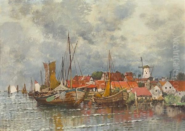 Hafenszene Mit Fischerbooten Und Malerischem Stadtchen Mit Windmuhle Oil Painting by Karl Heffner