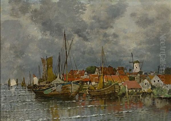 Hafenszene Mit Fischerbooten Und Malerischem Stadtchen Mit Windmuhle Oil Painting by Karl Heffner