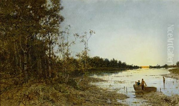 Flusslandschaft Im Abendlichen Licht Mit Fischern Im Nachen Und Baumbestandenem Ufer Oil Painting by Karl Heffner