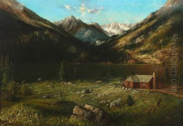 Mountainscape With A House By A Lake Oil Painting by Karl Heffner