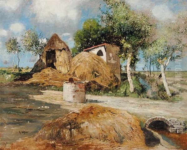 Untitled - Old European Farm Oil Painting by Karl Heffner