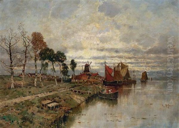 Weite Themselandschaft Mit Segelbooten Und Einer Muhle Oil Painting by Karl Heffner