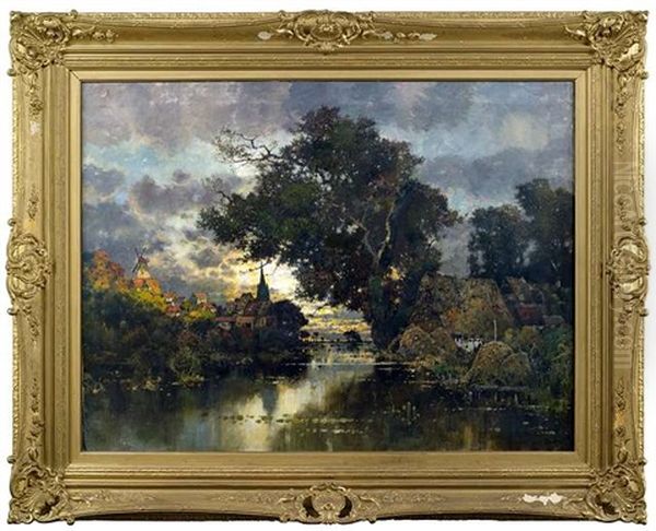 Abendliche Flusslandschaft Mit Einem Stadtchen Am Linken Ufer Oil Painting by Karl Heffner