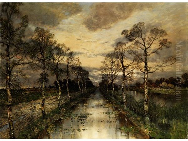 Herbstliche Flachlandschaft Mit Einem Kanal, Von Birken Gesaumt, Unter Regnerischem Wolkenhimmel Oil Painting by Karl Heffner