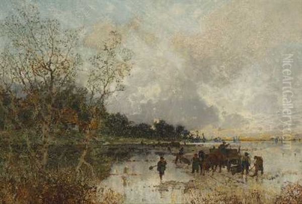 Pferdefuhrwerke Mit Arbeitern Am Ufer Oil Painting by Karl Heffner