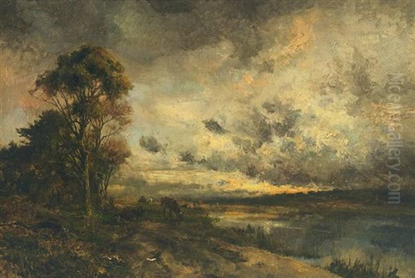 Abendliche Teichlandschaft Mit Weidenden Kuhen Oil Painting by Karl Heffner