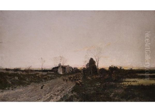 Abendliche Moorlandschaft Mit Schafherde Oil Painting by Karl Heffner