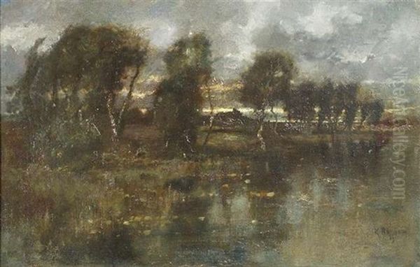 Birkengesaumter See Bei Sonnenuntergang Oil Painting by Karl Heffner