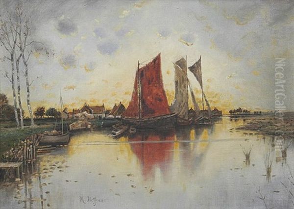 Segelschiffe Am Ufer Oil Painting by Karl Heffner