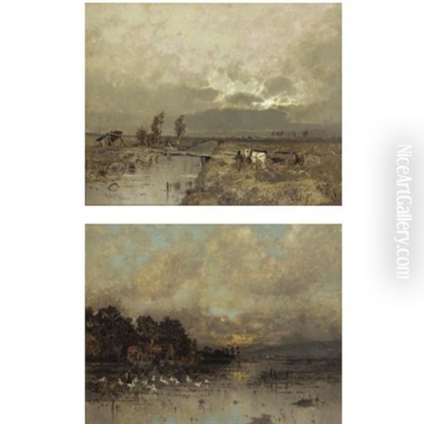 Horse And Cart In A River Landscape (+ Cottage With Geese At Sunset; Pair) Oil Painting by Karl Heffner