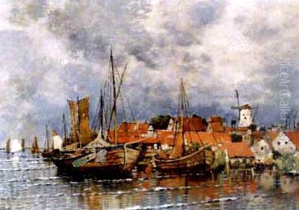 Moored Boats And Shipping In A Harbour Oil Painting by Karl Heffner